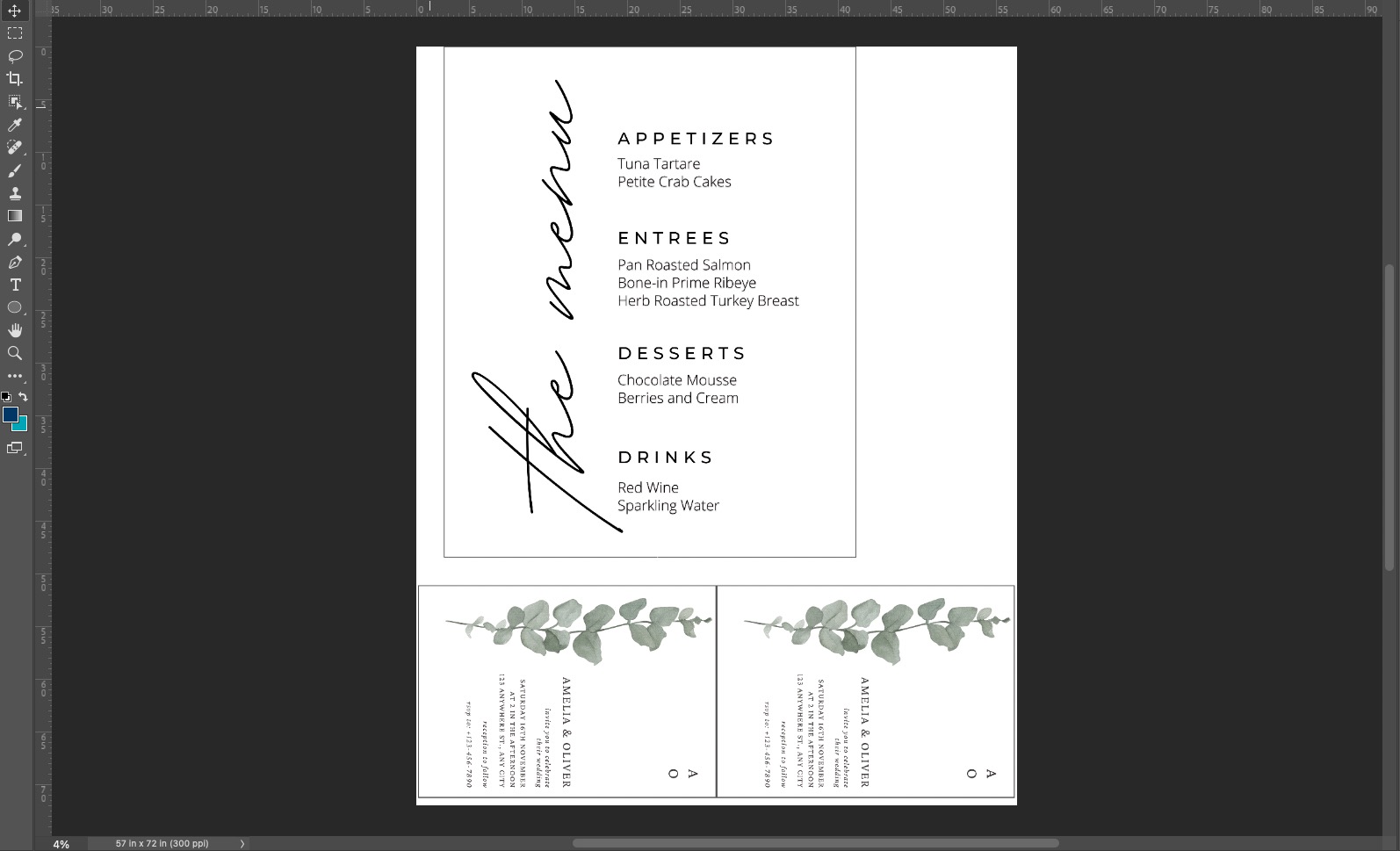 40x48 fabric reception menu with inviations