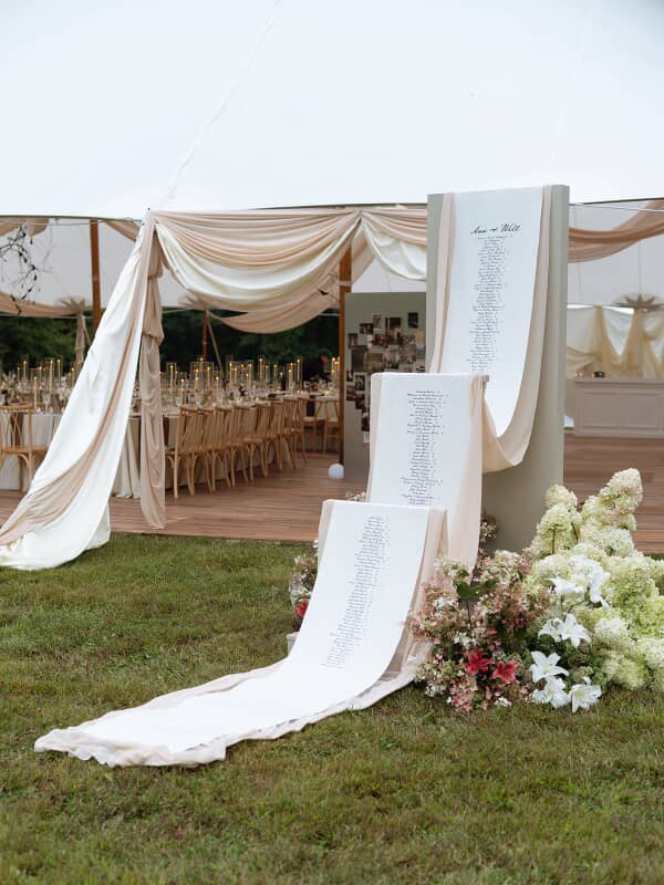 beautiful wedding banner for reception guest and seating list custom printed on linen cotton canvas.