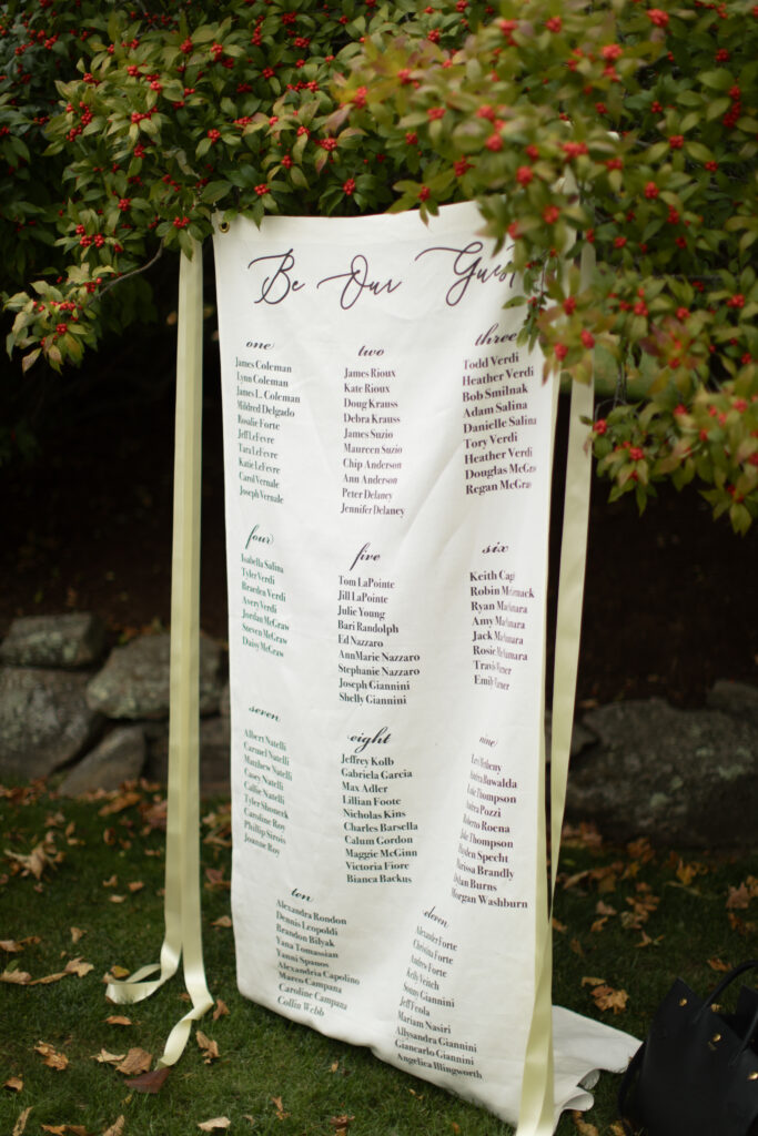 beautiful custom printed fabric reception guest list hanging at wedding reception