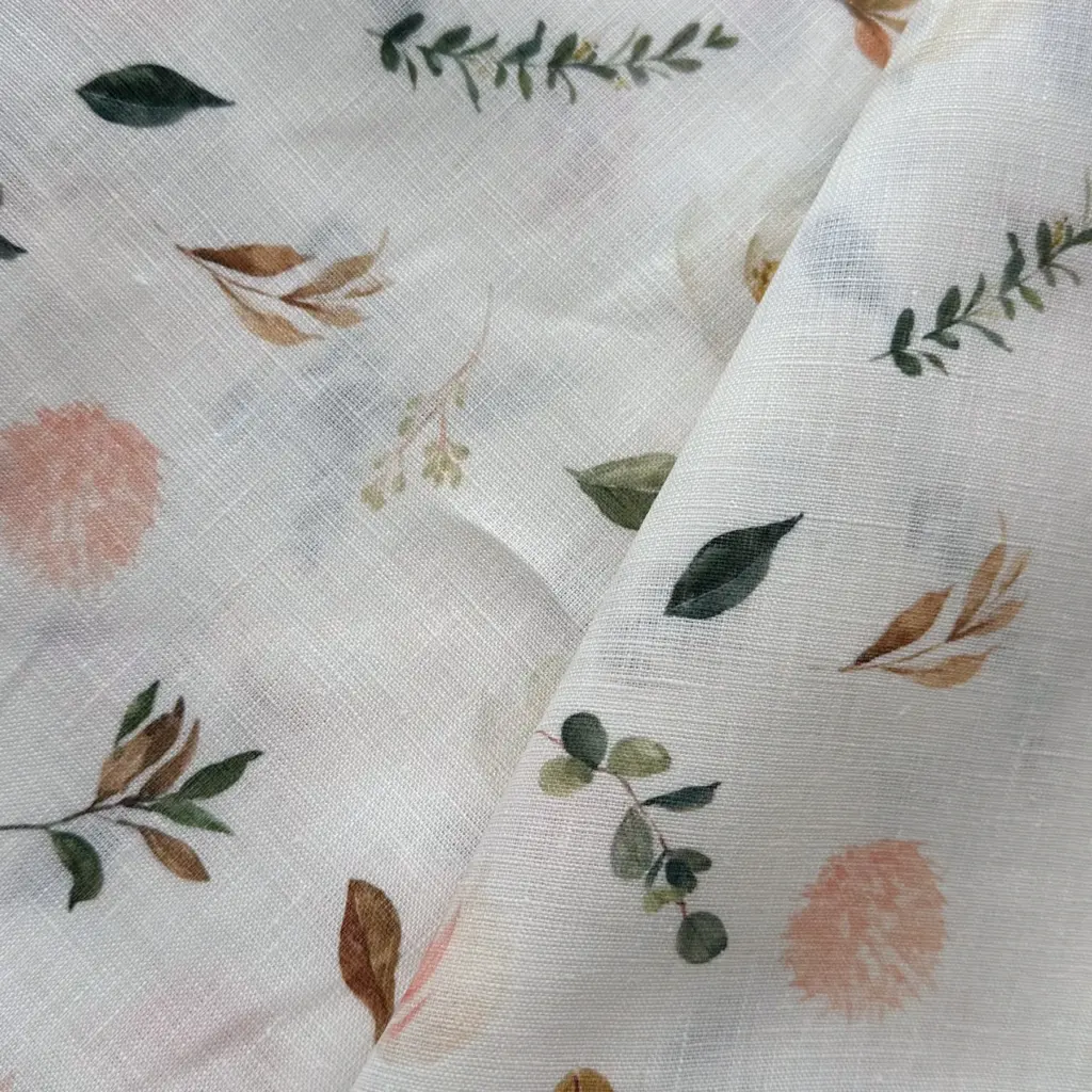 a close-up view of lightweight linen fabric printed by little cocalico that shows the fabric texture